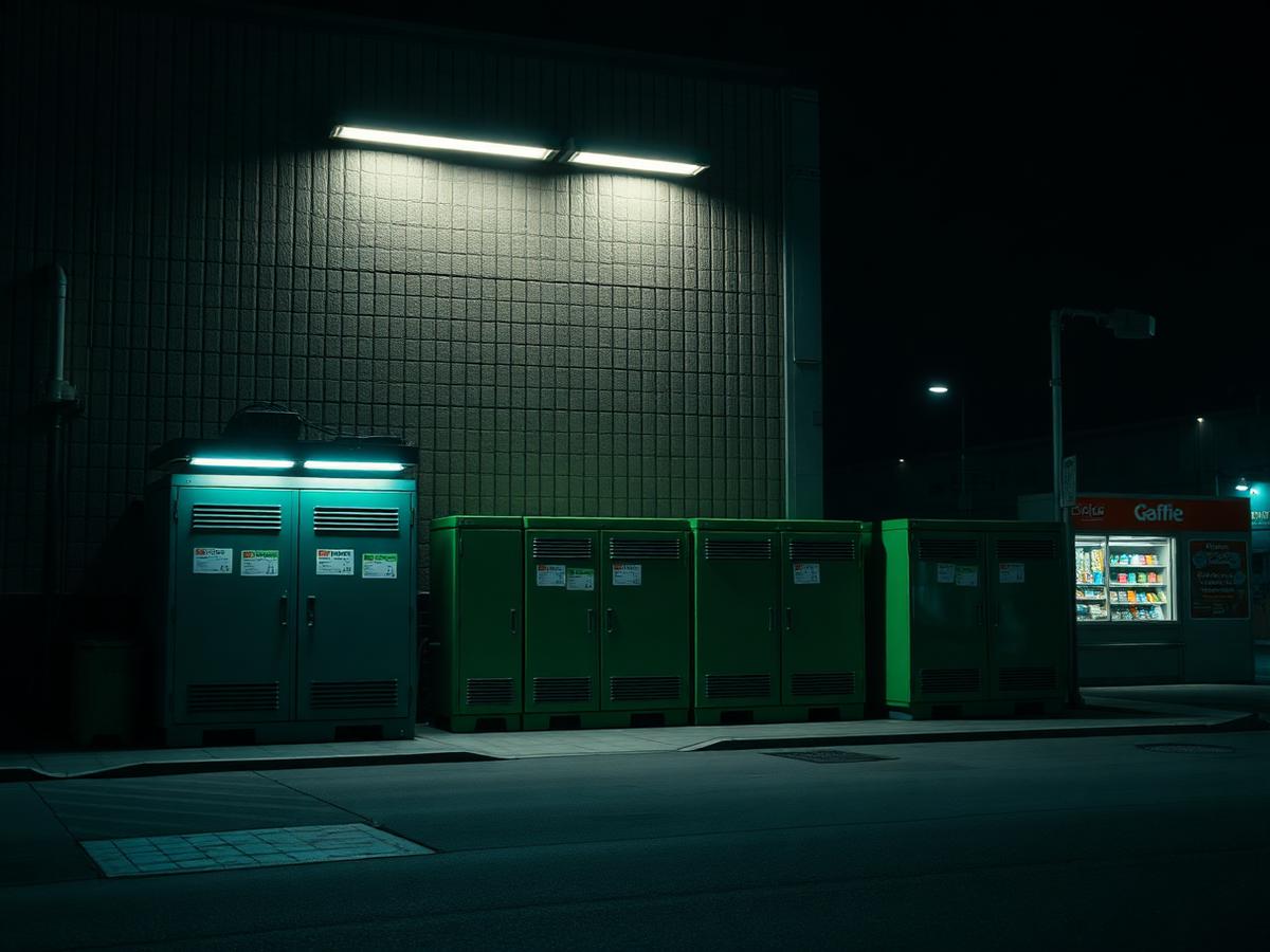 Outdoor commercial battery cabinets behind a store at night