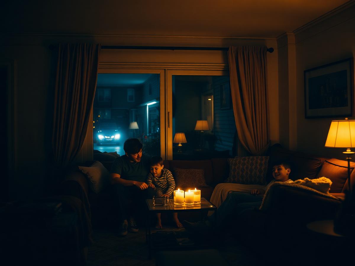 Family in a lit living room during a neighborhood outage