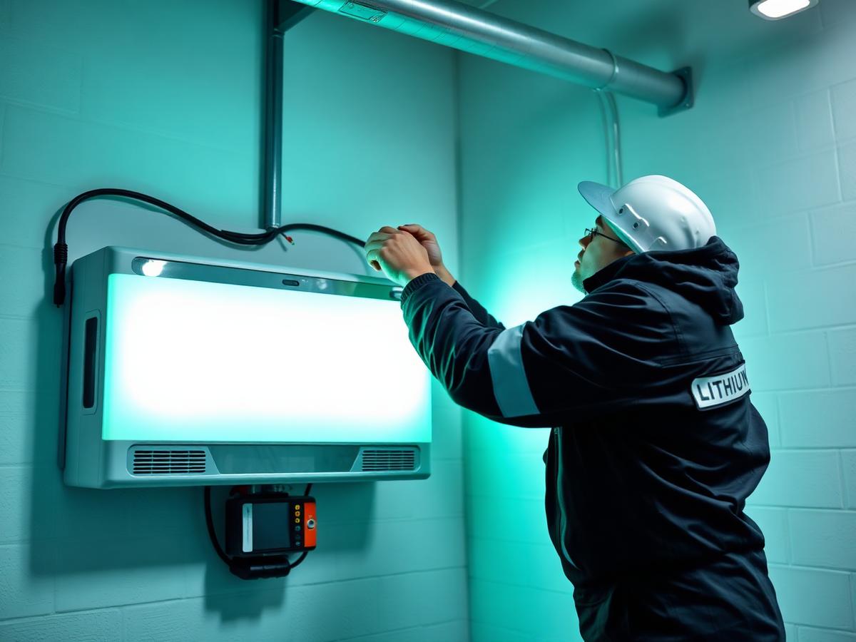 Technician mounting a lithium backup battery in a garage