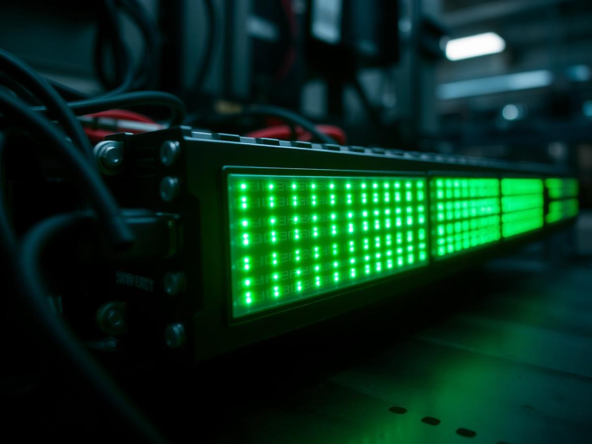 Close-up of a Kowint LFP battery module with status LEDs