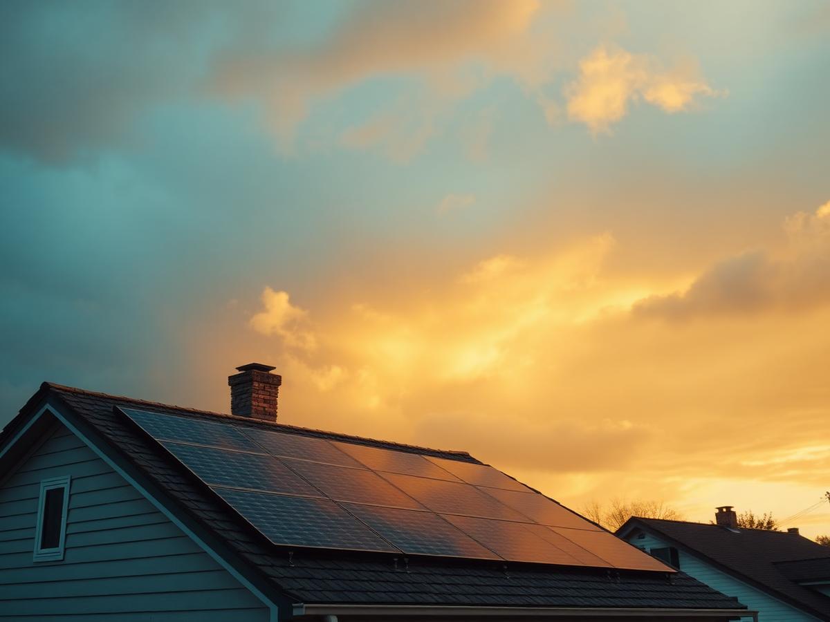 Rooftop solar array on a home after a storm