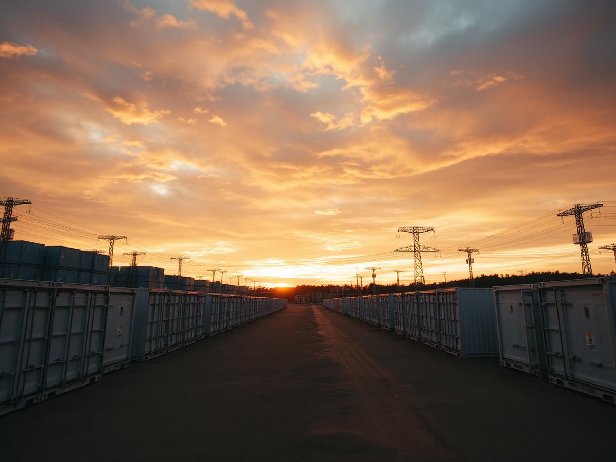 Containerized utility-scale battery storage site at dawn